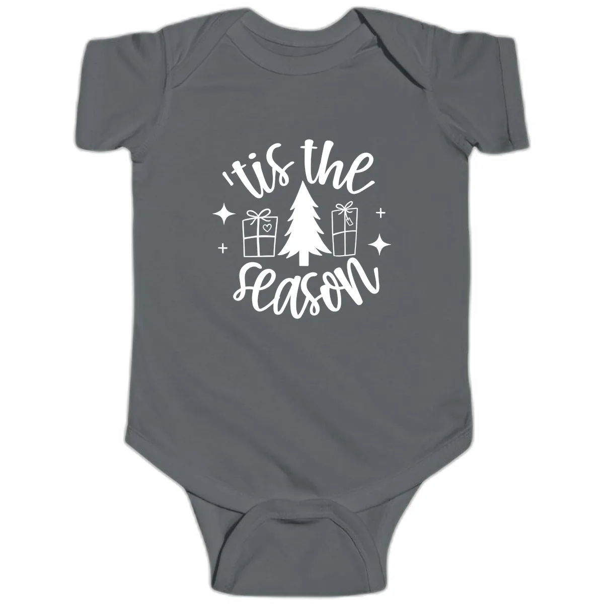Tis The Season Holiday Gifts Baby Onesie in Charcoal