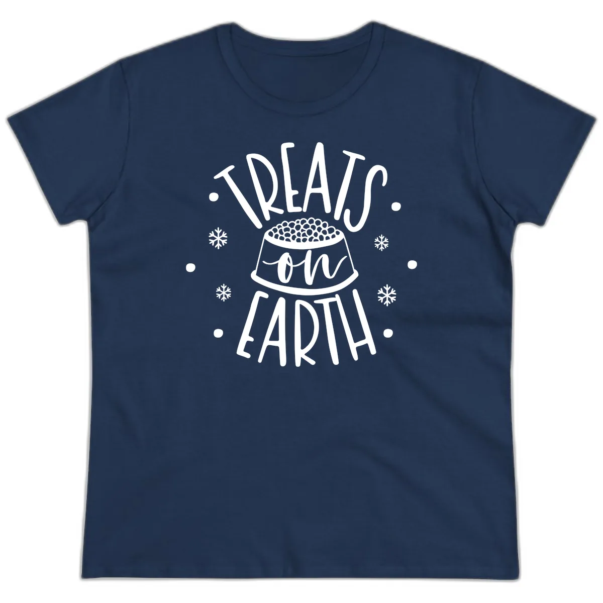 Treats On Earth Holiday Pet Design Ladies Tee in Navy