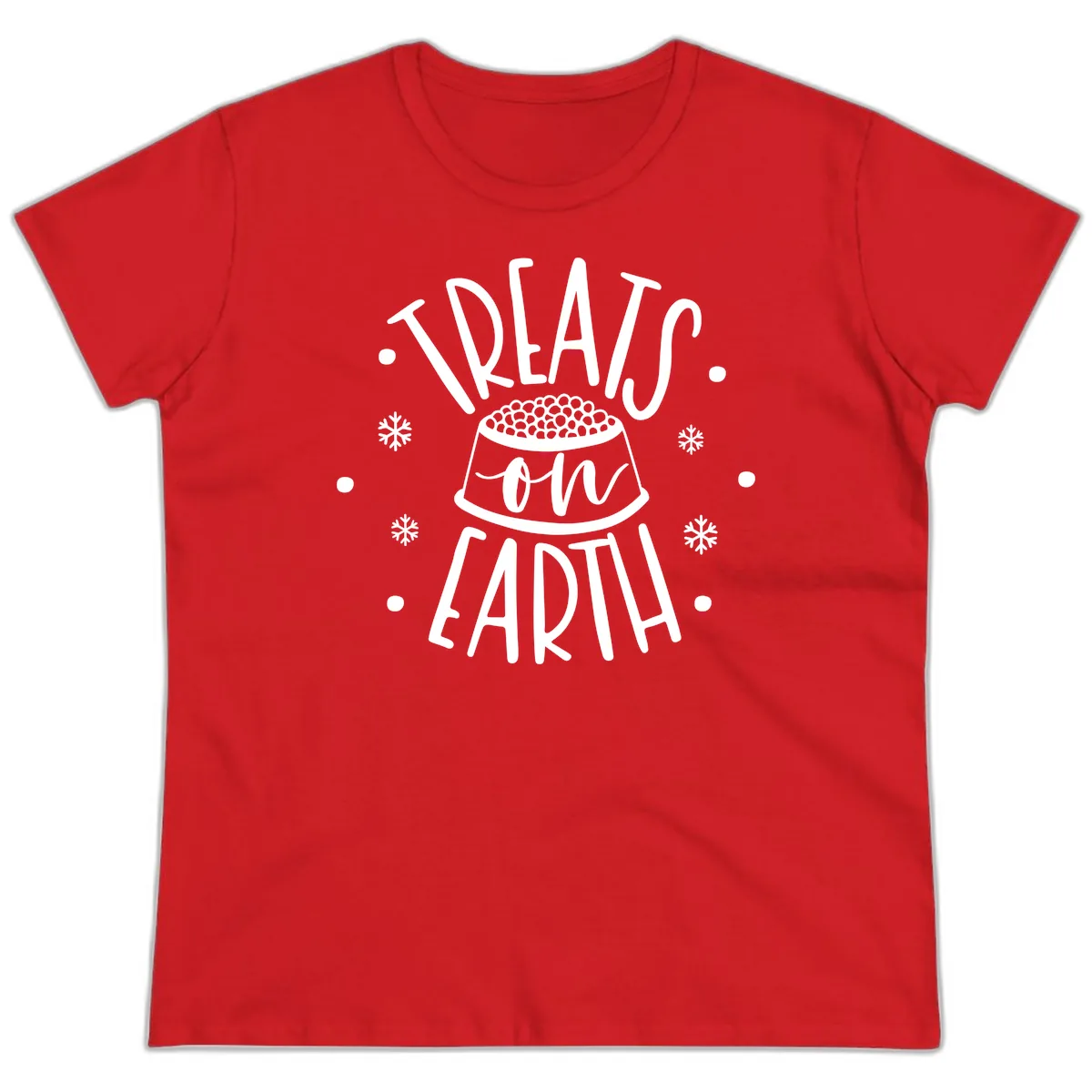 Treats On Earth Holiday Pet Design Ladies Tee in Red