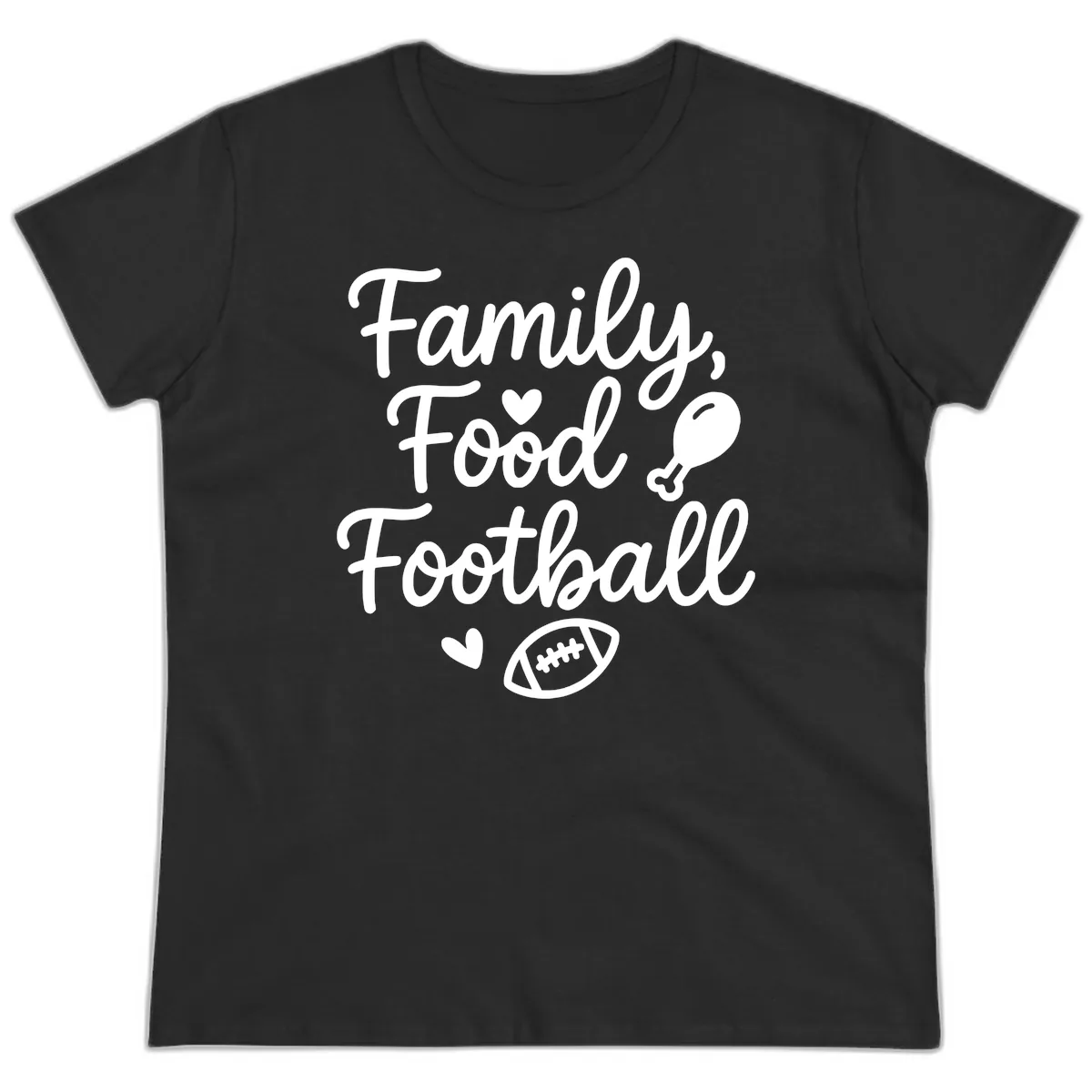 Family Food Football Thanksgiving Ladies Tee in Black