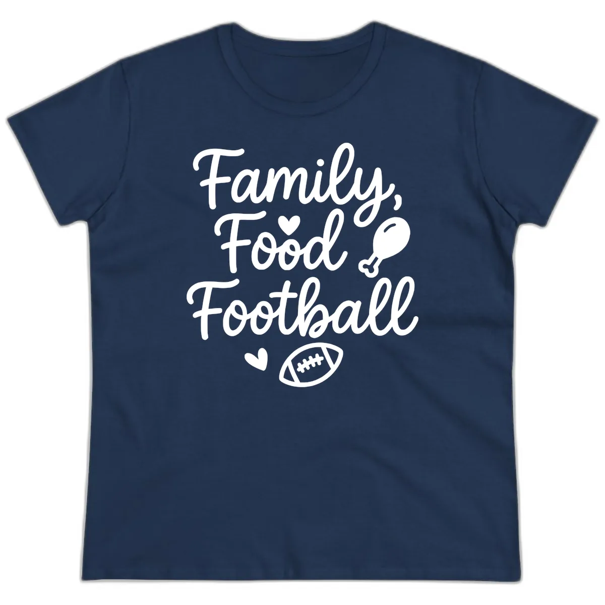 Family Food Football Thanksgiving Ladies Tee in Navy