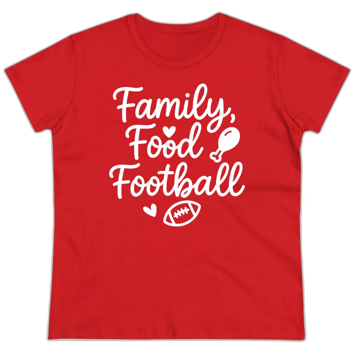 Family Food Football Thanksgiving Ladies Tee in Red