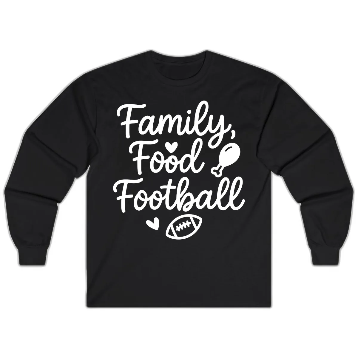 Family Food Football Thanksgiving Long Sleeve in Black