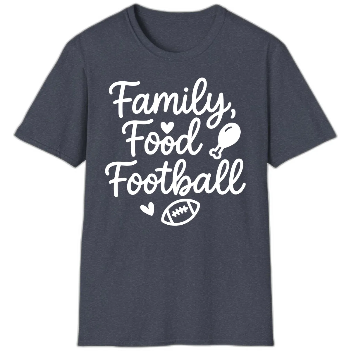 Family Food Football Thanksgiving T-Shirt in Heather Navy