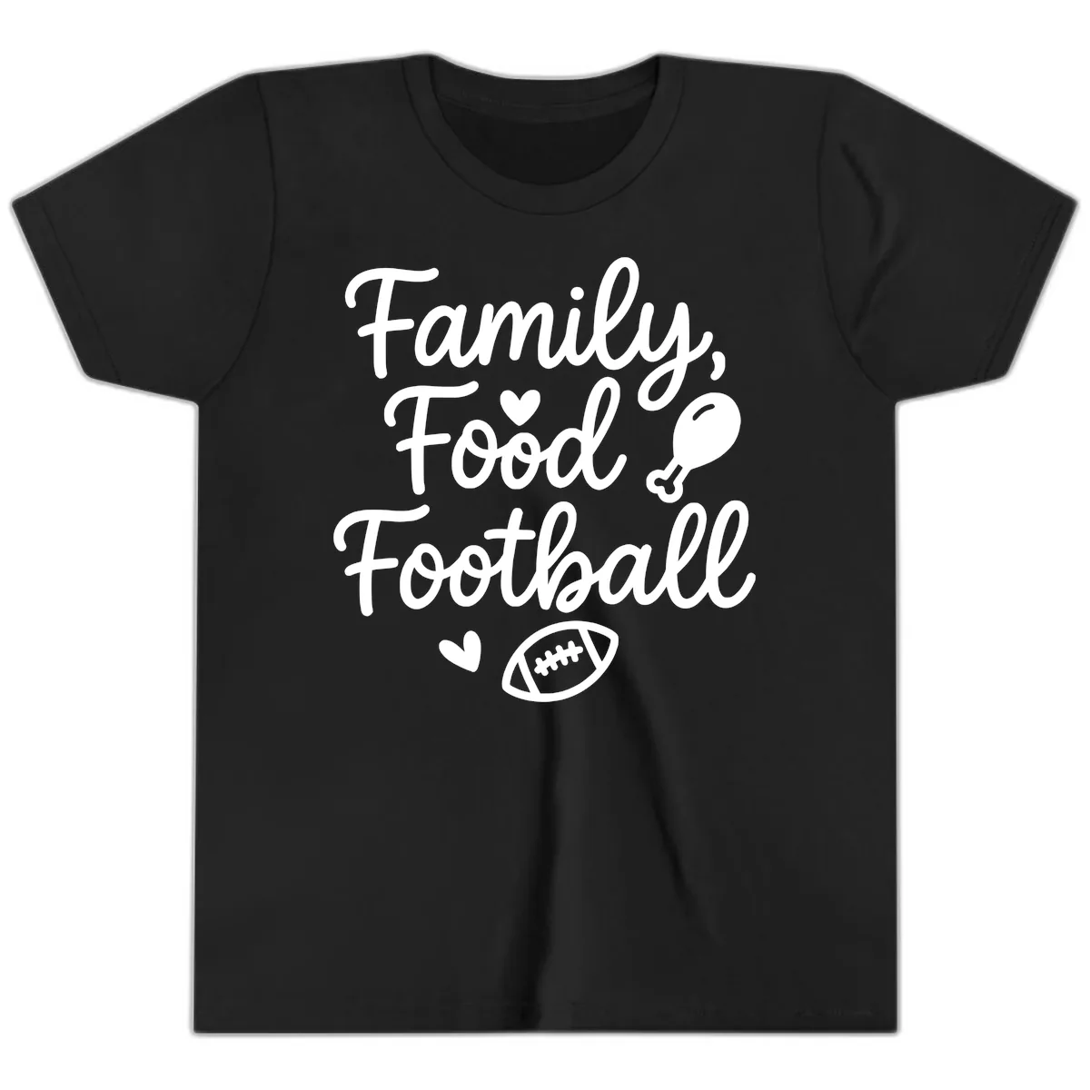 Family Food Football Thanksgiving Youth T-Shirt in Black