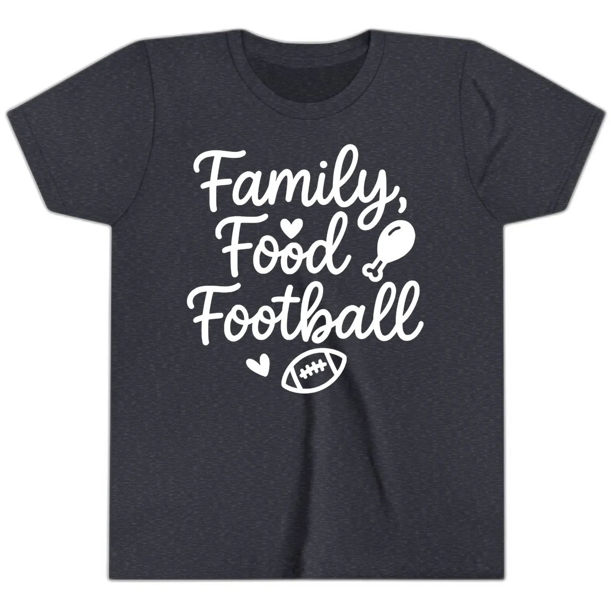 Family Food Football Thanksgiving Youth T-Shirt in Heather Navy