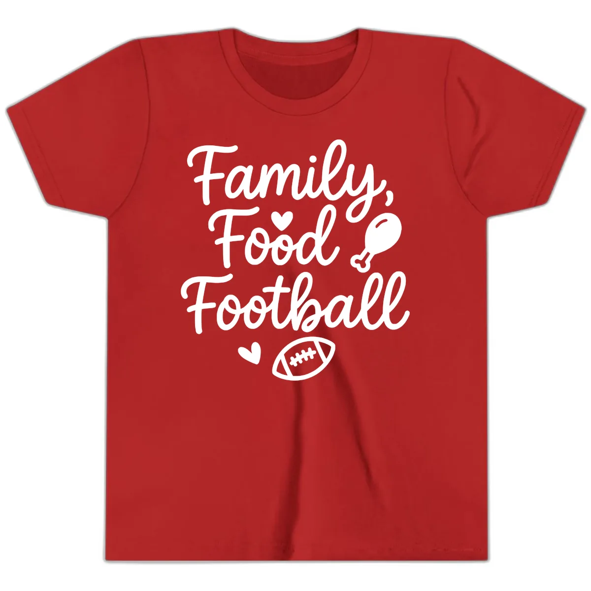 Family Food Football Thanksgiving Youth T-Shirt in Red