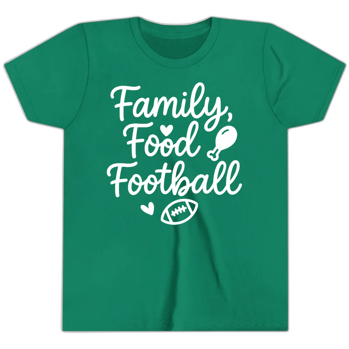 Family Food Football Thanksgiving Youth T-Shirt in Kelly