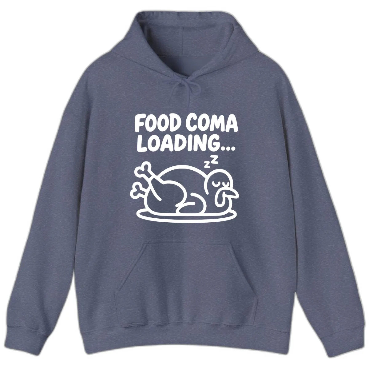 Food Coma Loading Turkey Graphic Hoodie in Heather Navy