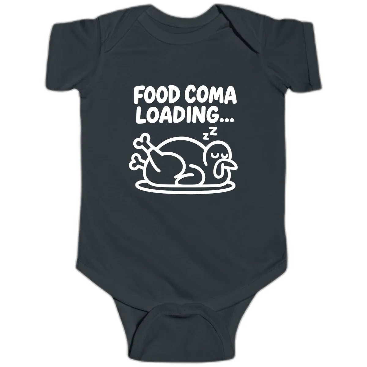 Food Coma Loading Turkey Graphic Baby Onesie in Black