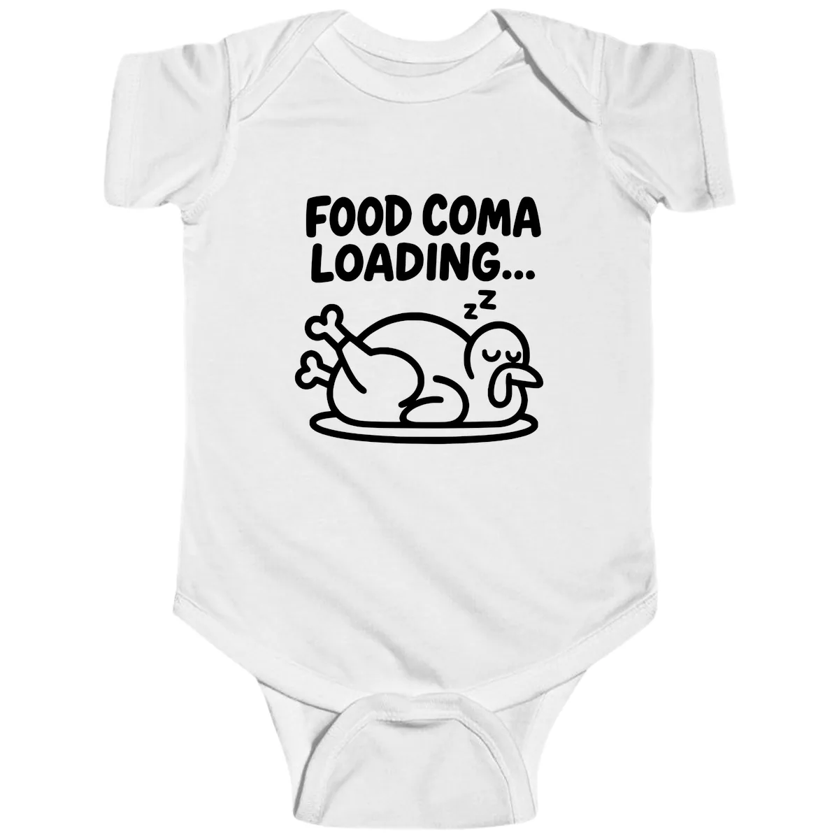 Food Coma Loading Turkey Graphic Baby Onesie in White
