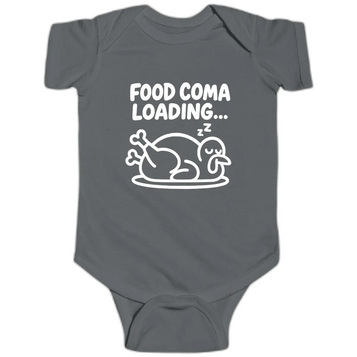 Food Coma Loading Turkey Graphic Baby Onesie in Charcoal