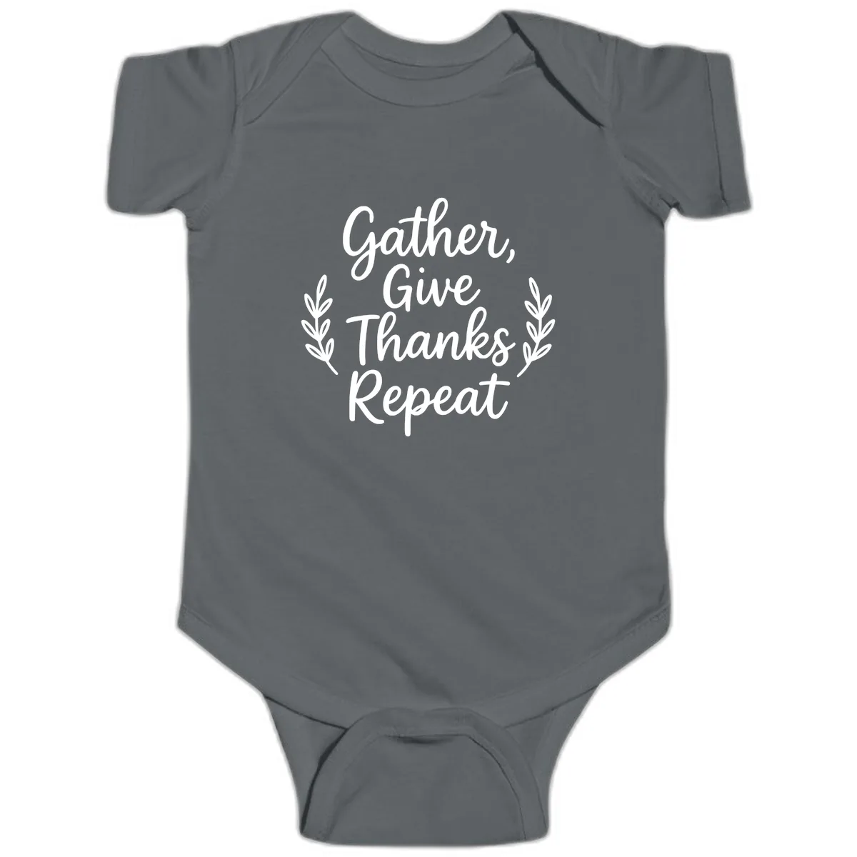 Gather Give Thanks Repeat Design Baby Onesie in Charcoal