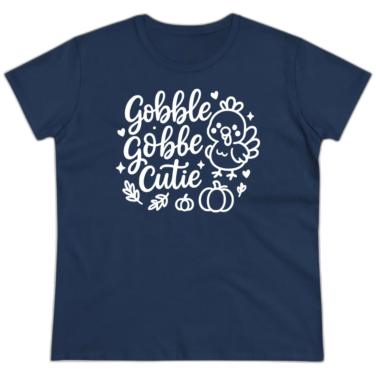 Gobble Gobble Cutie Turkey Design Ladies Tee in Navy