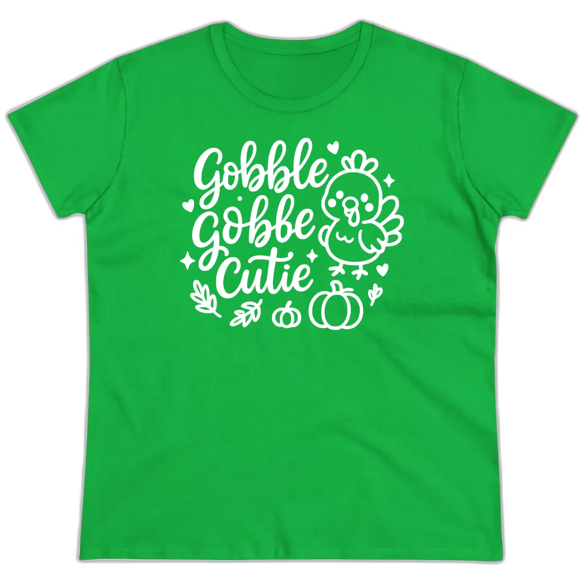 Gobble Gobble Cutie Turkey Design Ladies Tee in Irish Green