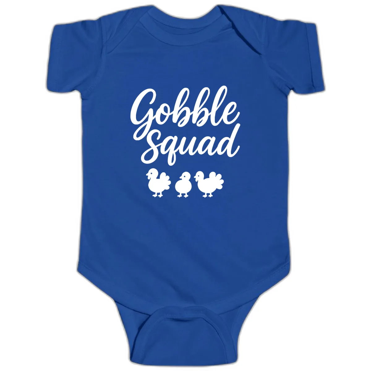 Gobble Squad Thanksgiving Design Baby Onesie in Royal