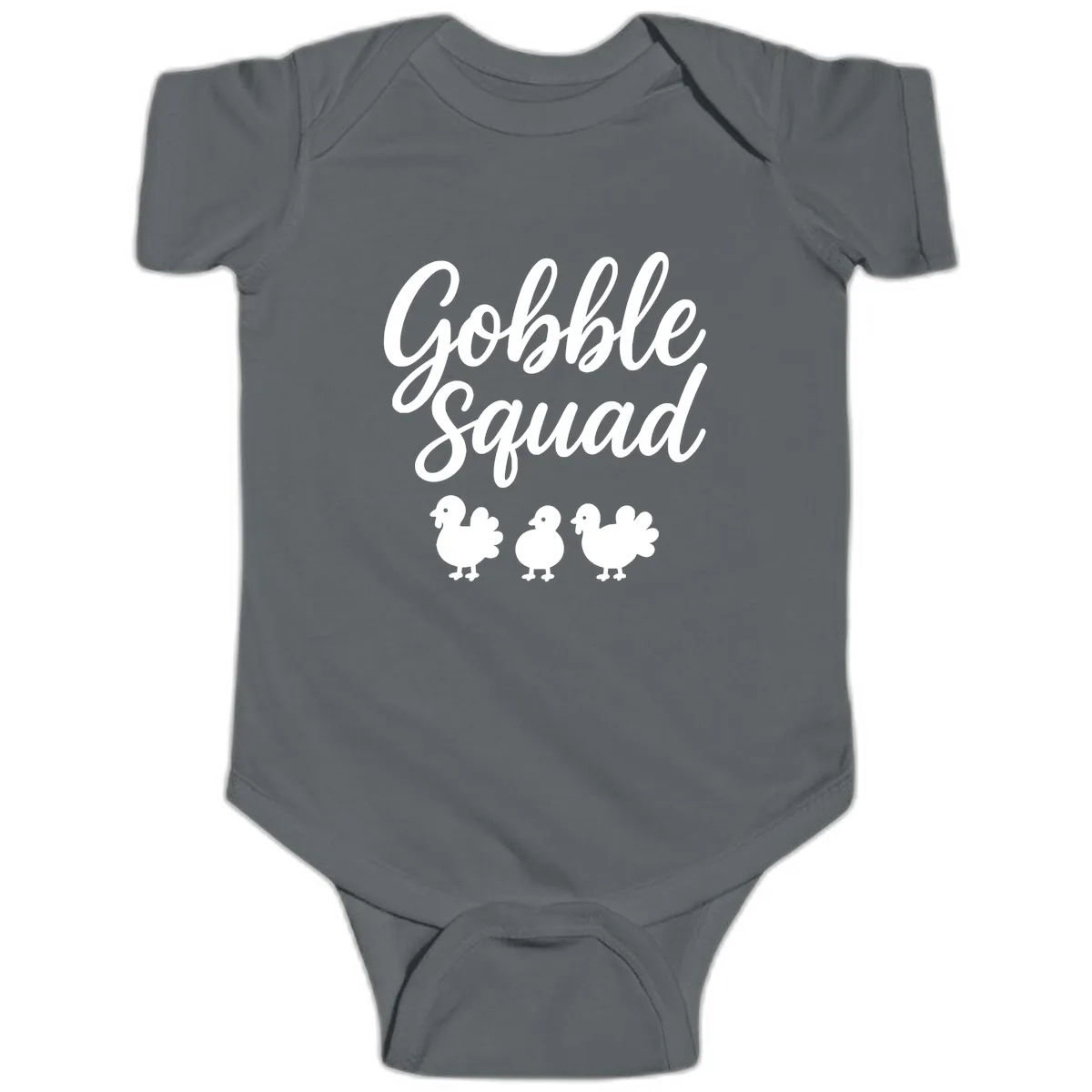 Gobble Squad Thanksgiving Design Baby Onesie in Charcoal