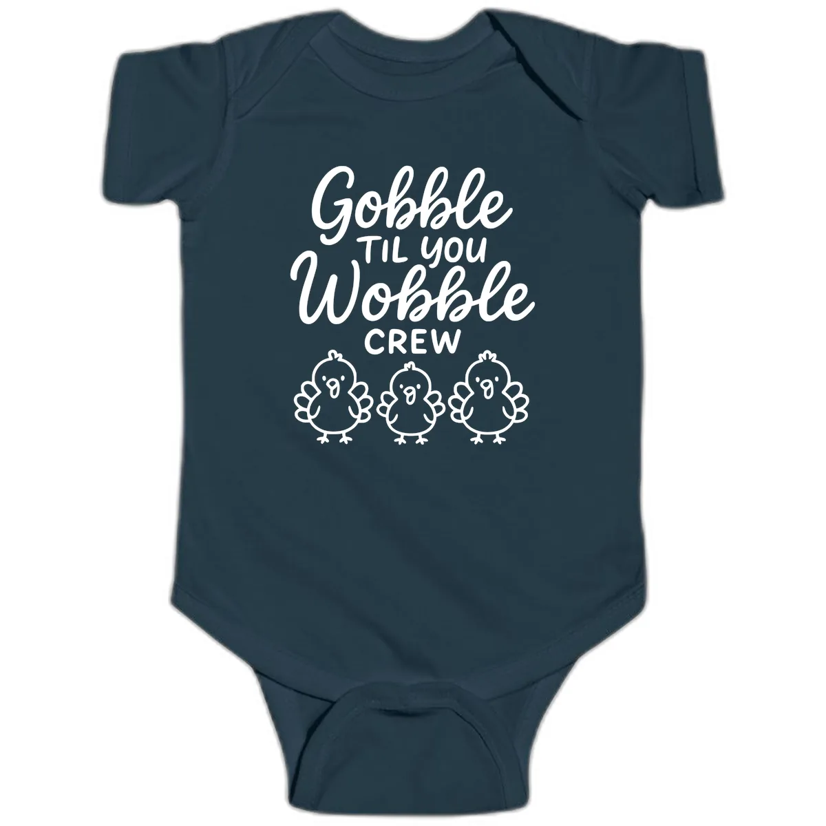 Gobble Til You Wobble Crew Thanksgiving Baby Onesie in Navy