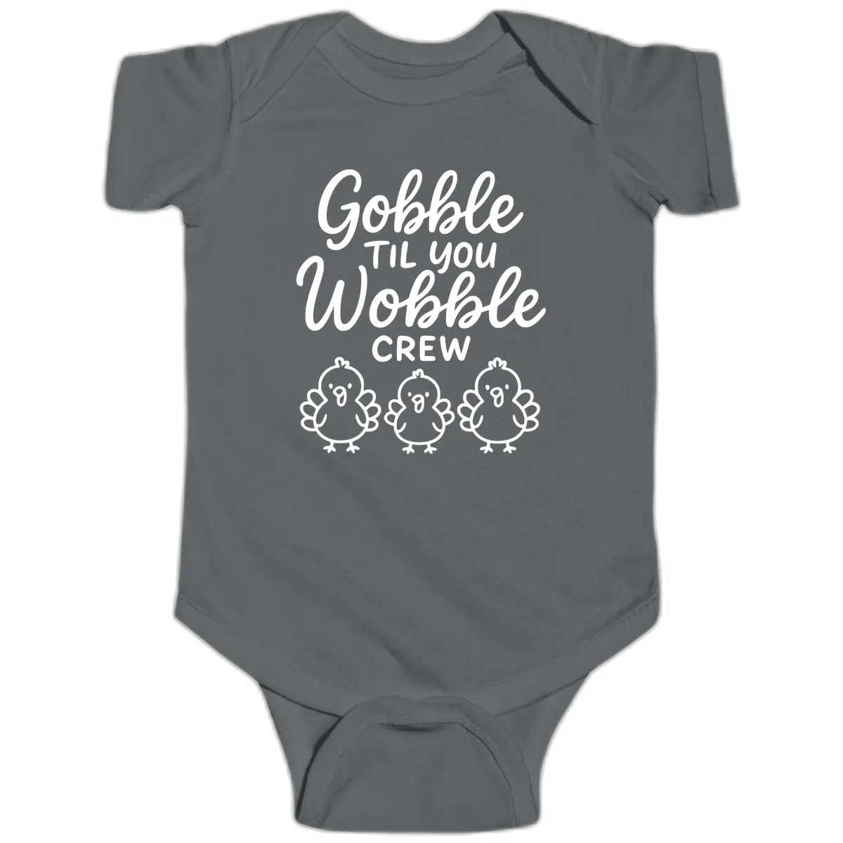 Gobble Til You Wobble Crew Thanksgiving Baby Onesie in Charcoal