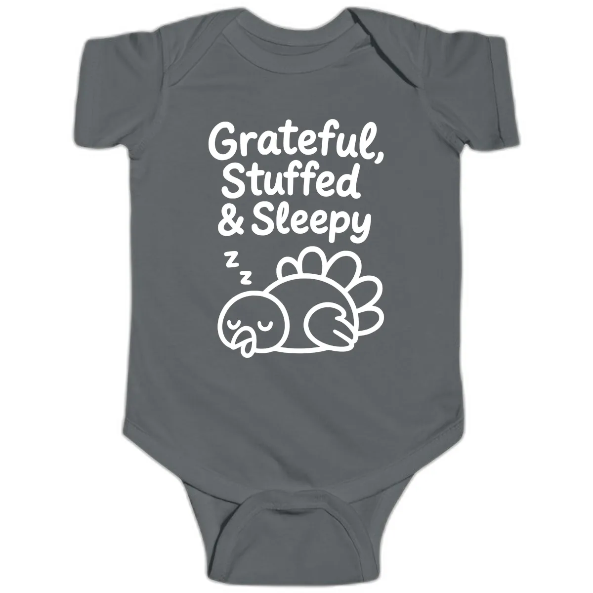 Grateful Stuffed Sleepy Turkey Baby Onesie in Charcoal