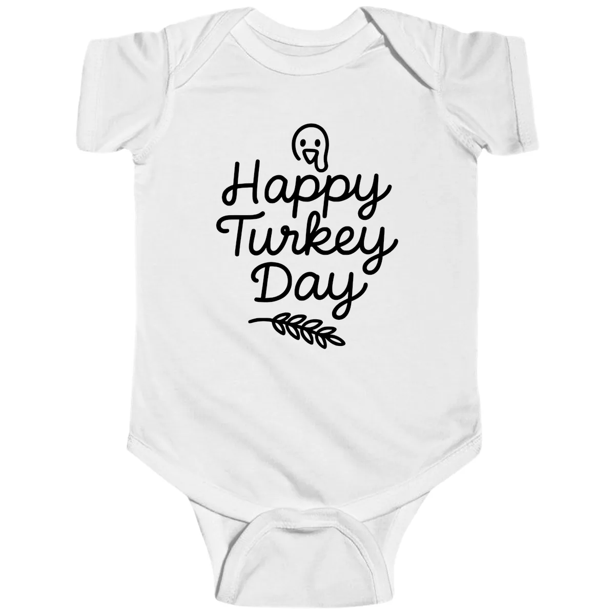 Happy Turkey Day Turkey Graphic Baby Onesie in White