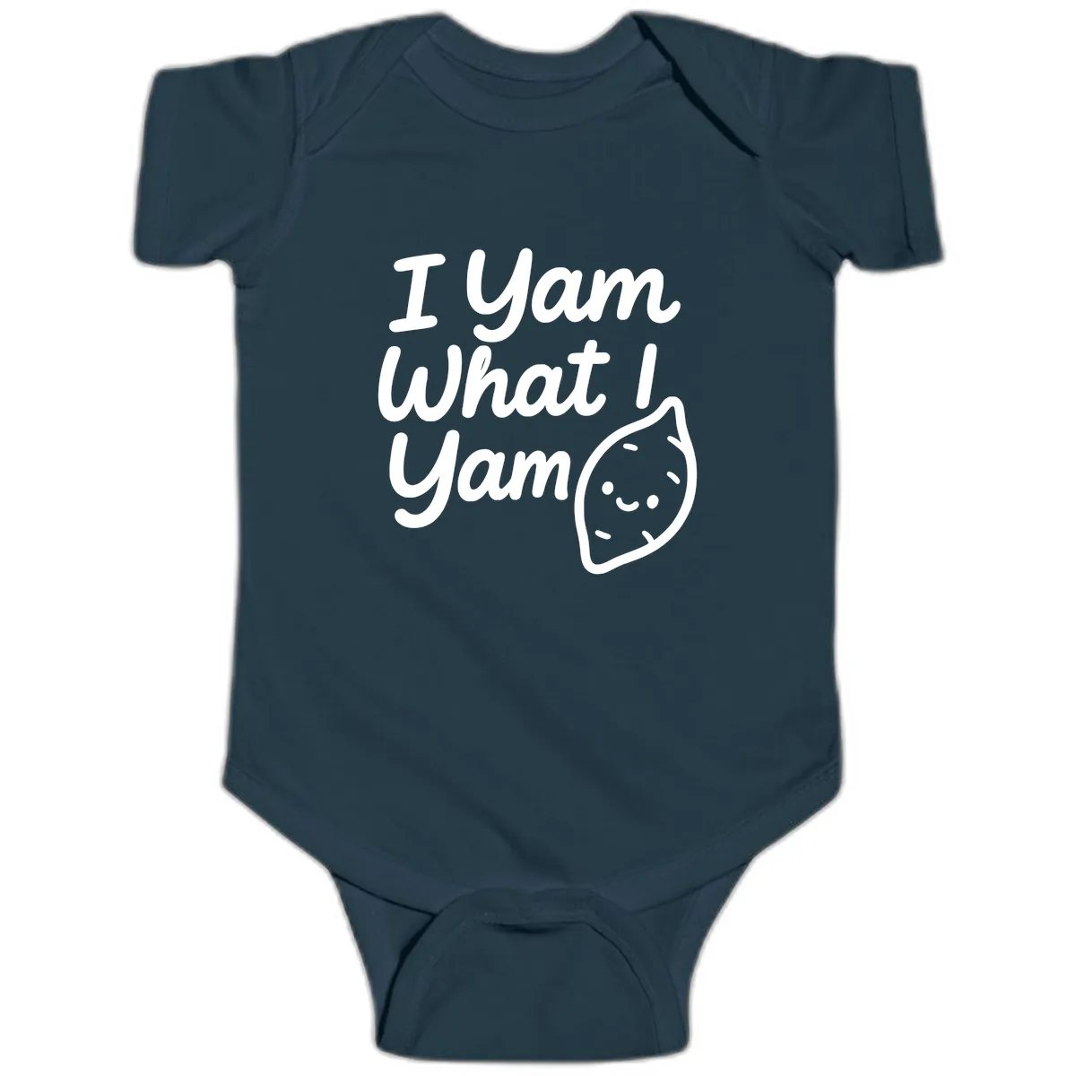 I Yam What I Yam Thanksgiving Baby Onesie in Navy