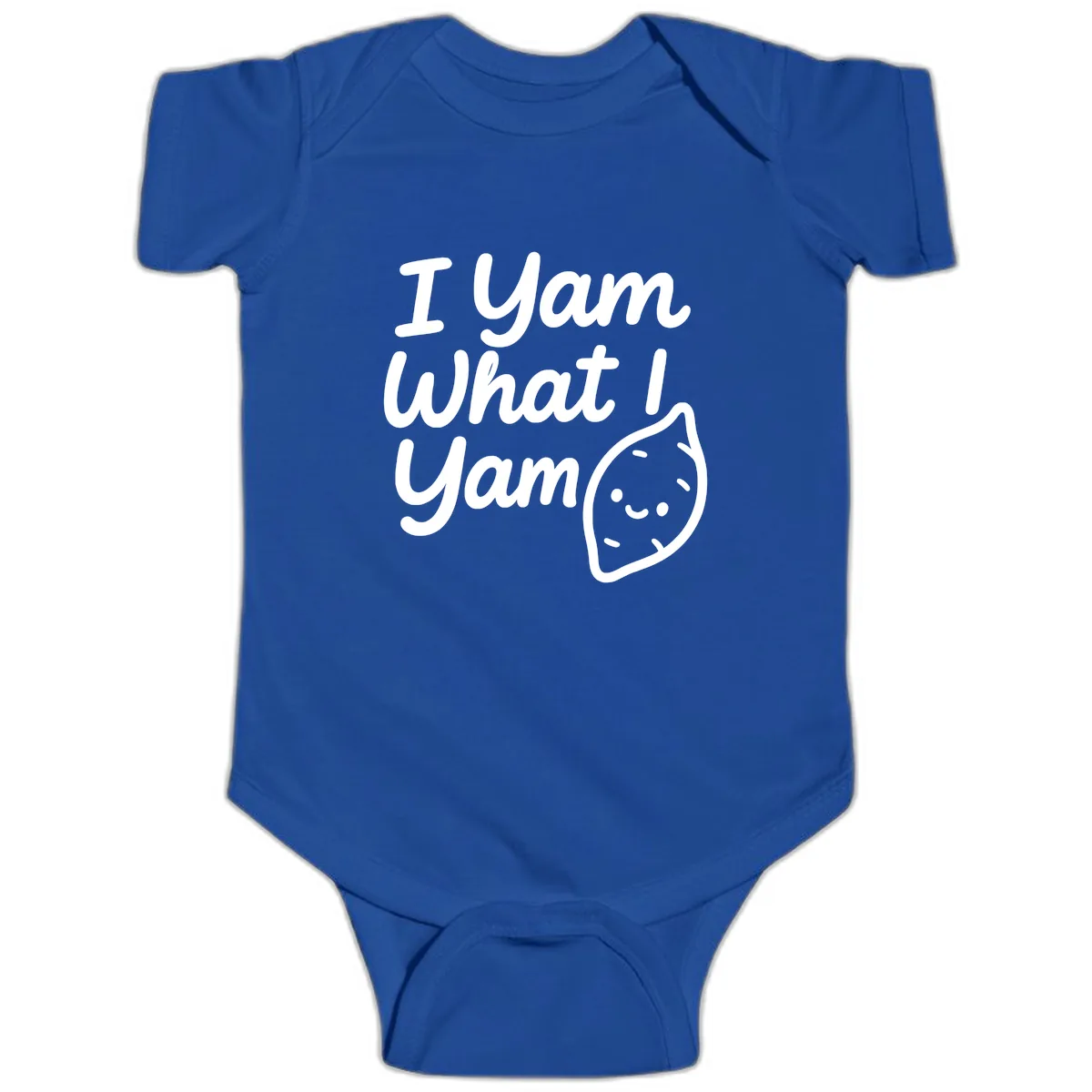 I Yam What I Yam Thanksgiving Baby Onesie in Royal