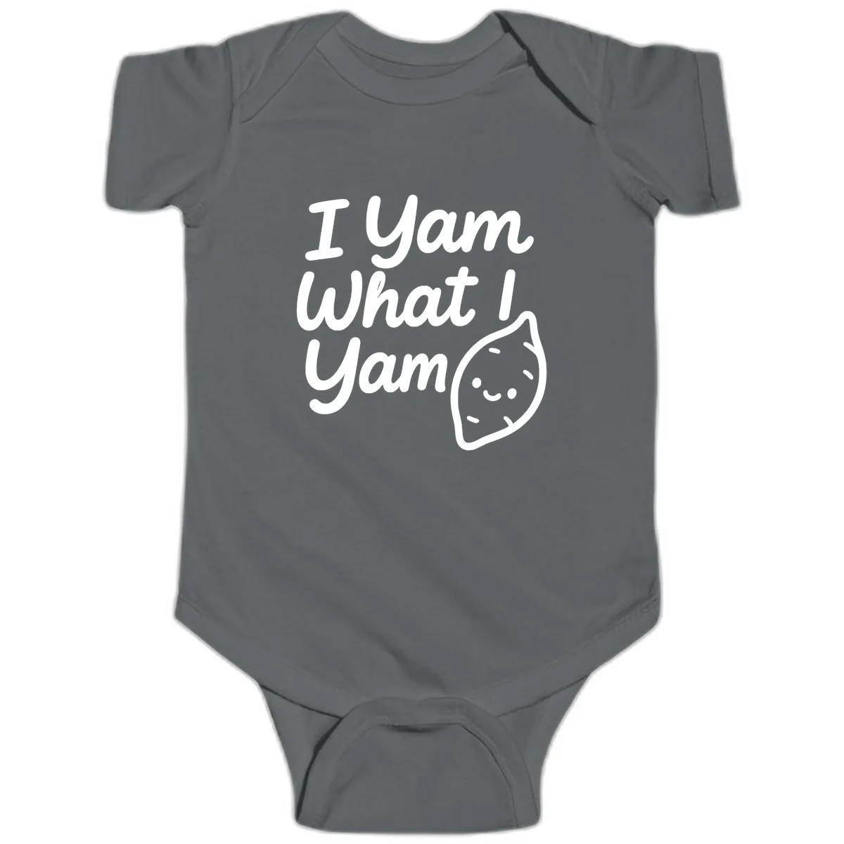 I Yam What I Yam Thanksgiving Baby Onesie in Charcoal