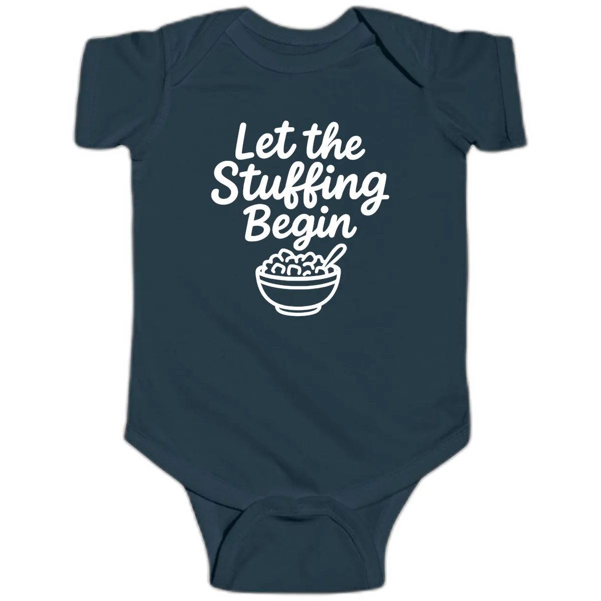 Let The Stuffing Begin Thanksgiving Graphic Baby Onesie in Navy