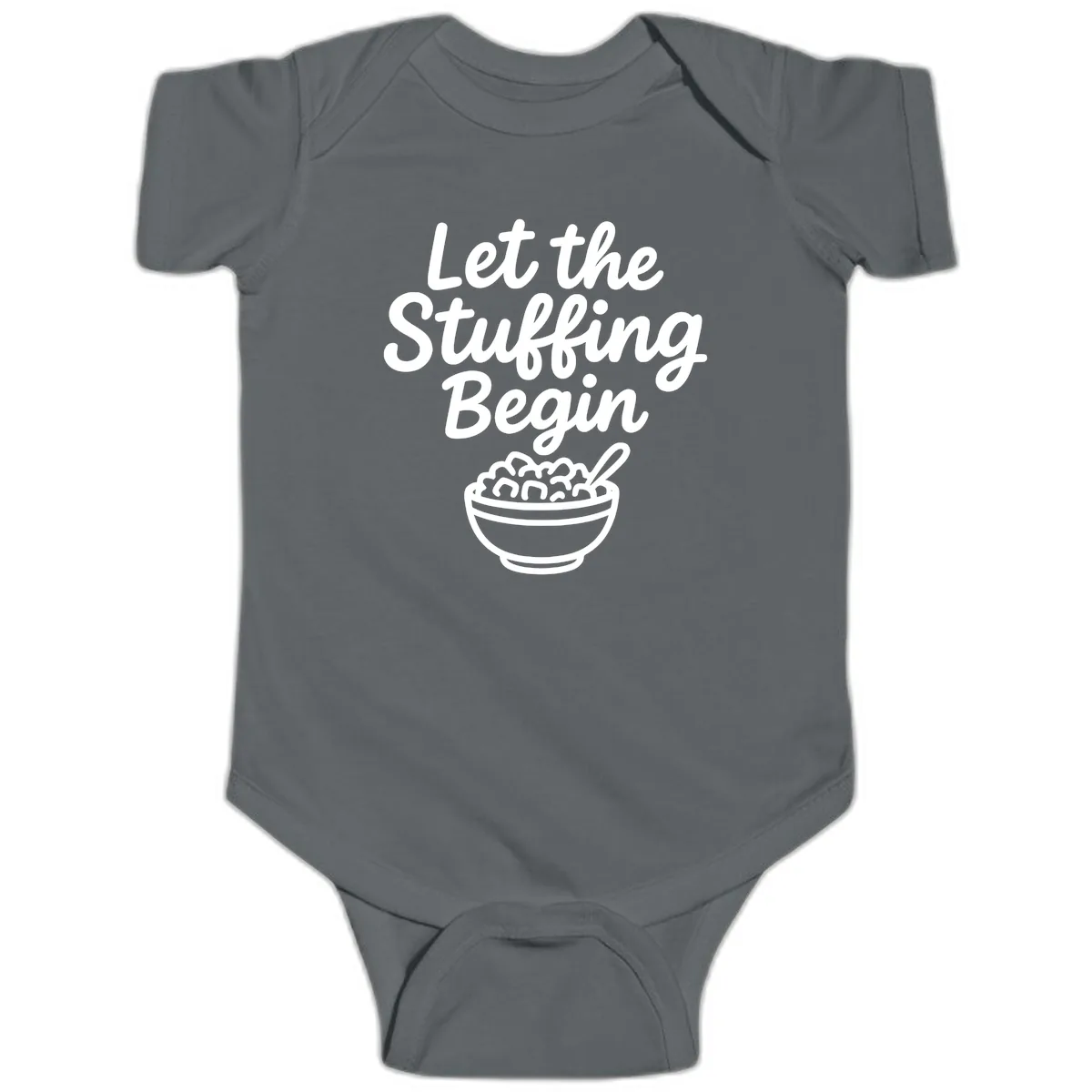 Let The Stuffing Begin Thanksgiving Graphic Baby Onesie in Charcoal