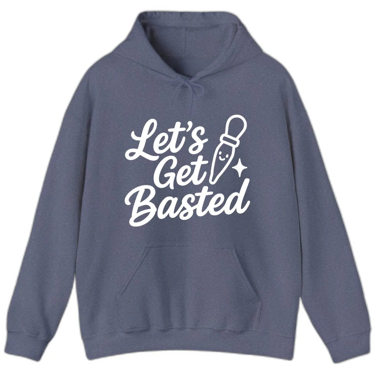 Let's Get Basted Funny Turkey Baster Design Hoodie in Heather Navy