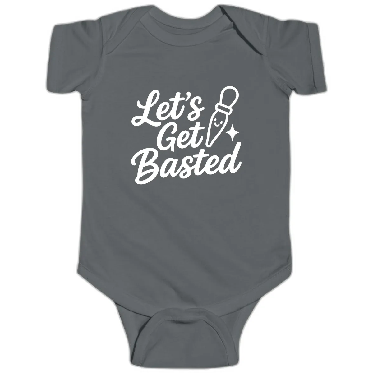 Let's Get Basted Funny Turkey Baster Design Baby Onesie in Charcoal
