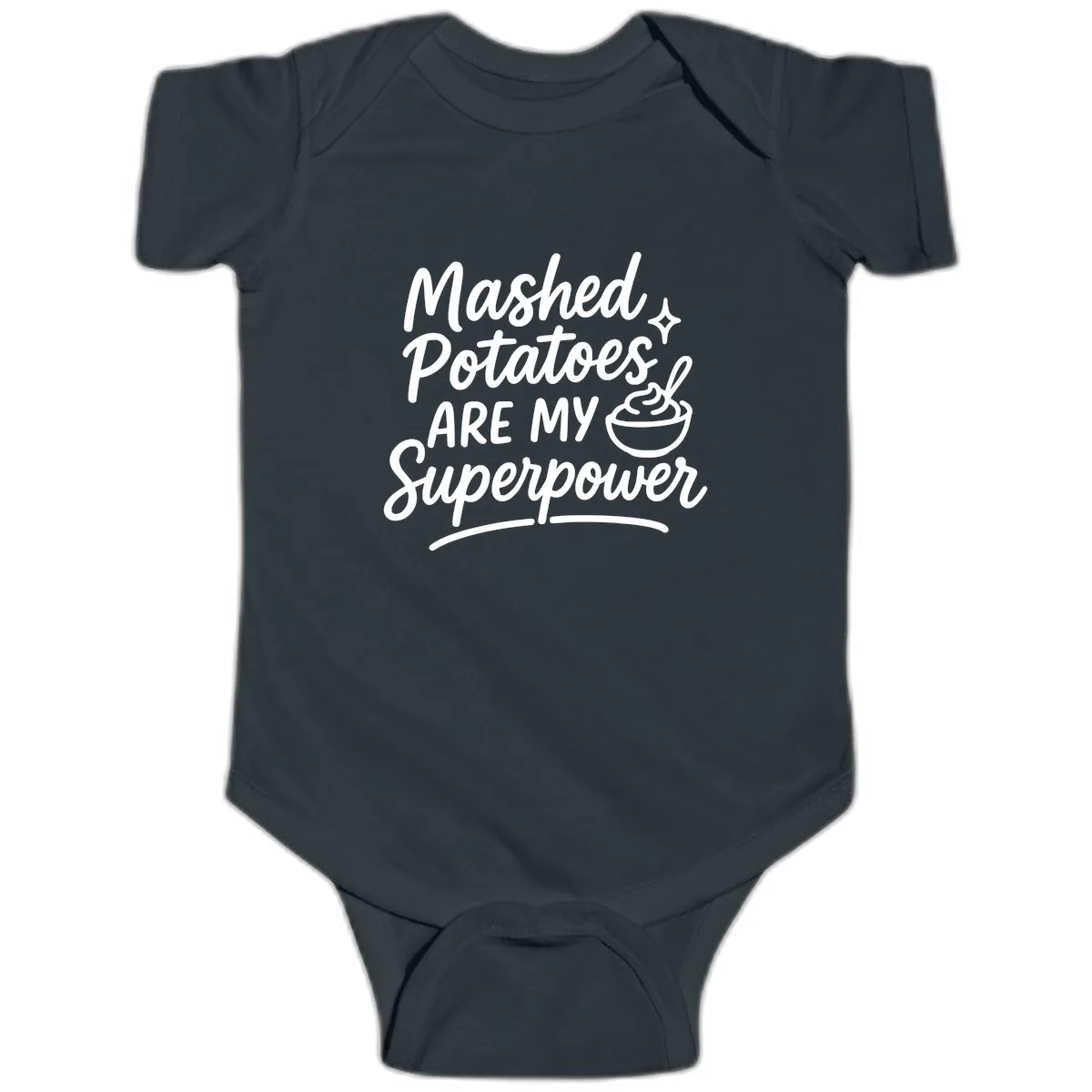 Mashed Potatoes Are My Superpower Baby Onesie in Black