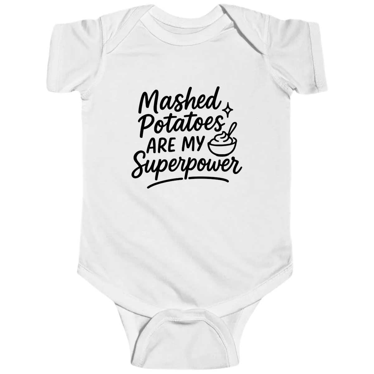 Mashed Potatoes Are My Superpower Baby Onesie in White