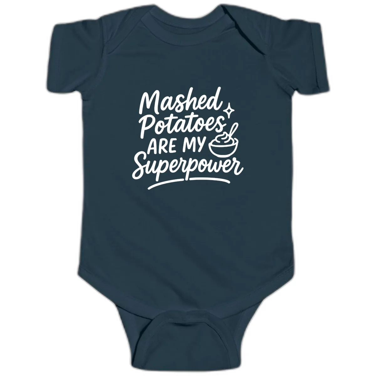 Mashed Potatoes Are My Superpower Baby Onesie in Navy