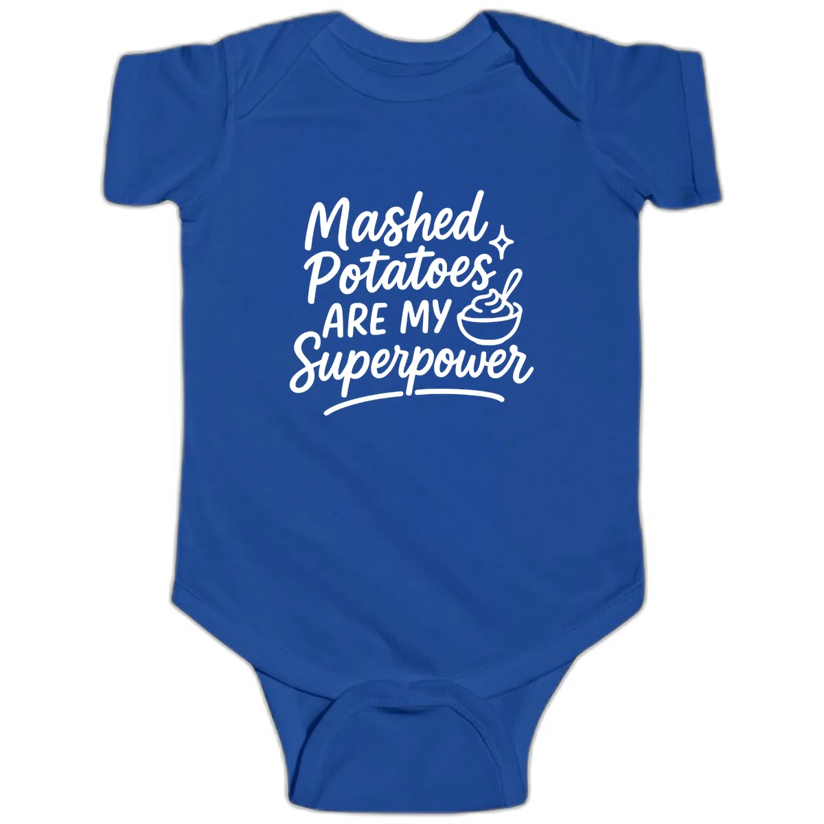 Mashed Potatoes Are My Superpower Baby Onesie in Royal