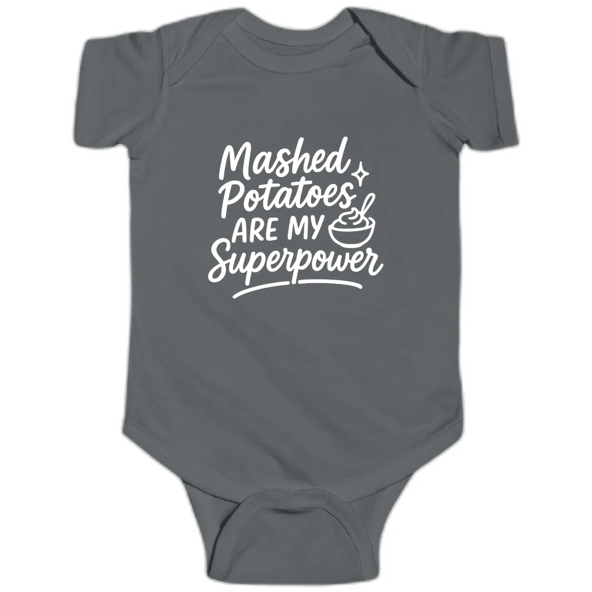 Mashed Potatoes Are My Superpower Baby Onesie in Charcoal