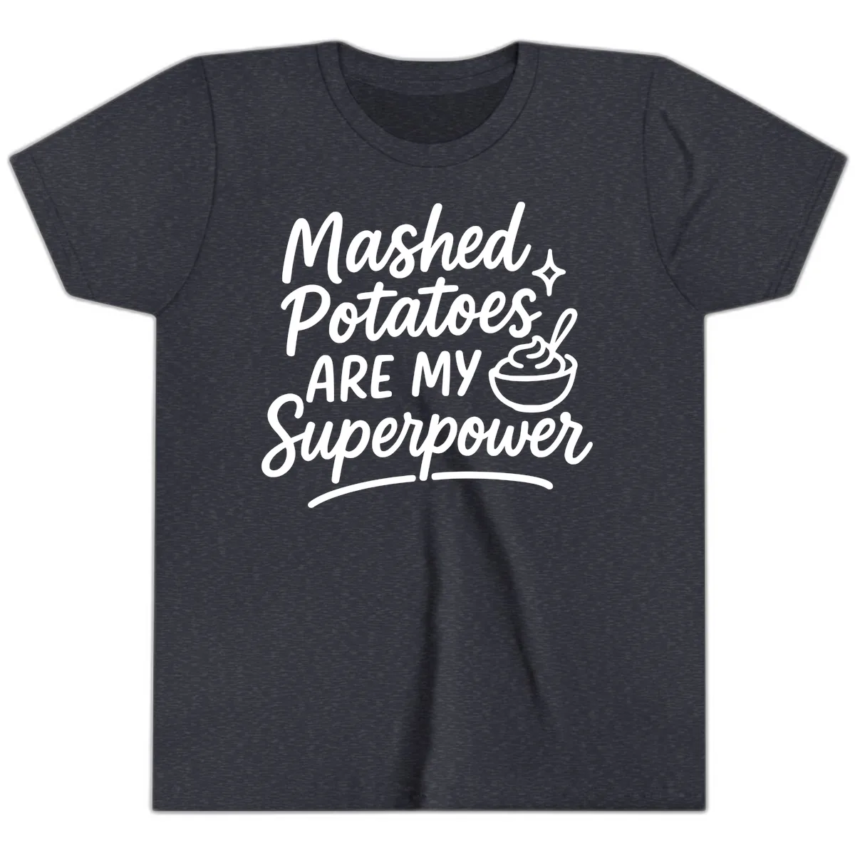 Mashed Potatoes Are My Superpower Youth T-Shirt in Heather Navy