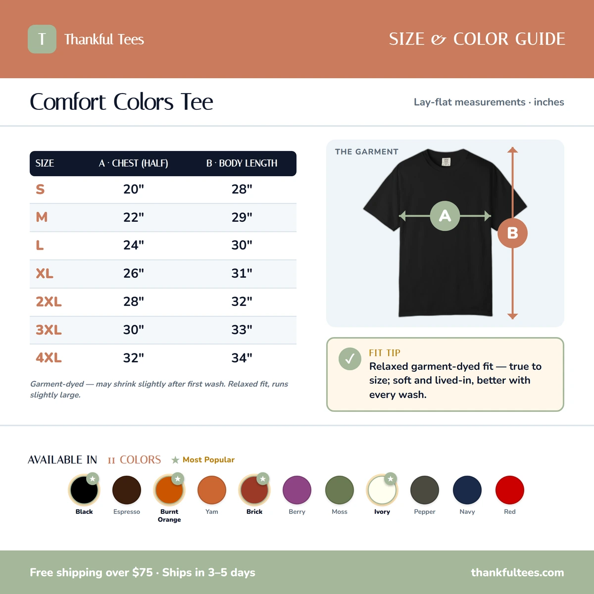 Comfort Color size & color guide