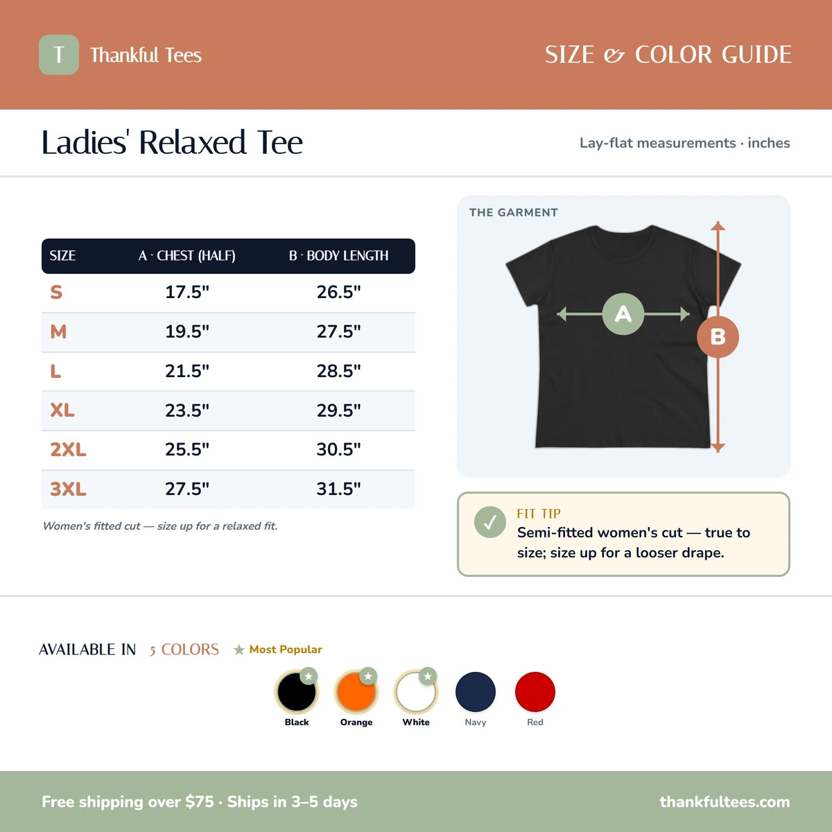 Ladies Tee size & color guide