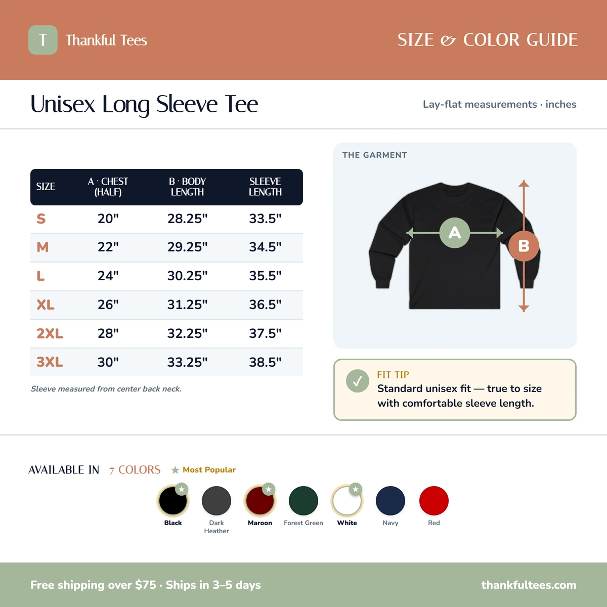 Long Sleeve size & color guide