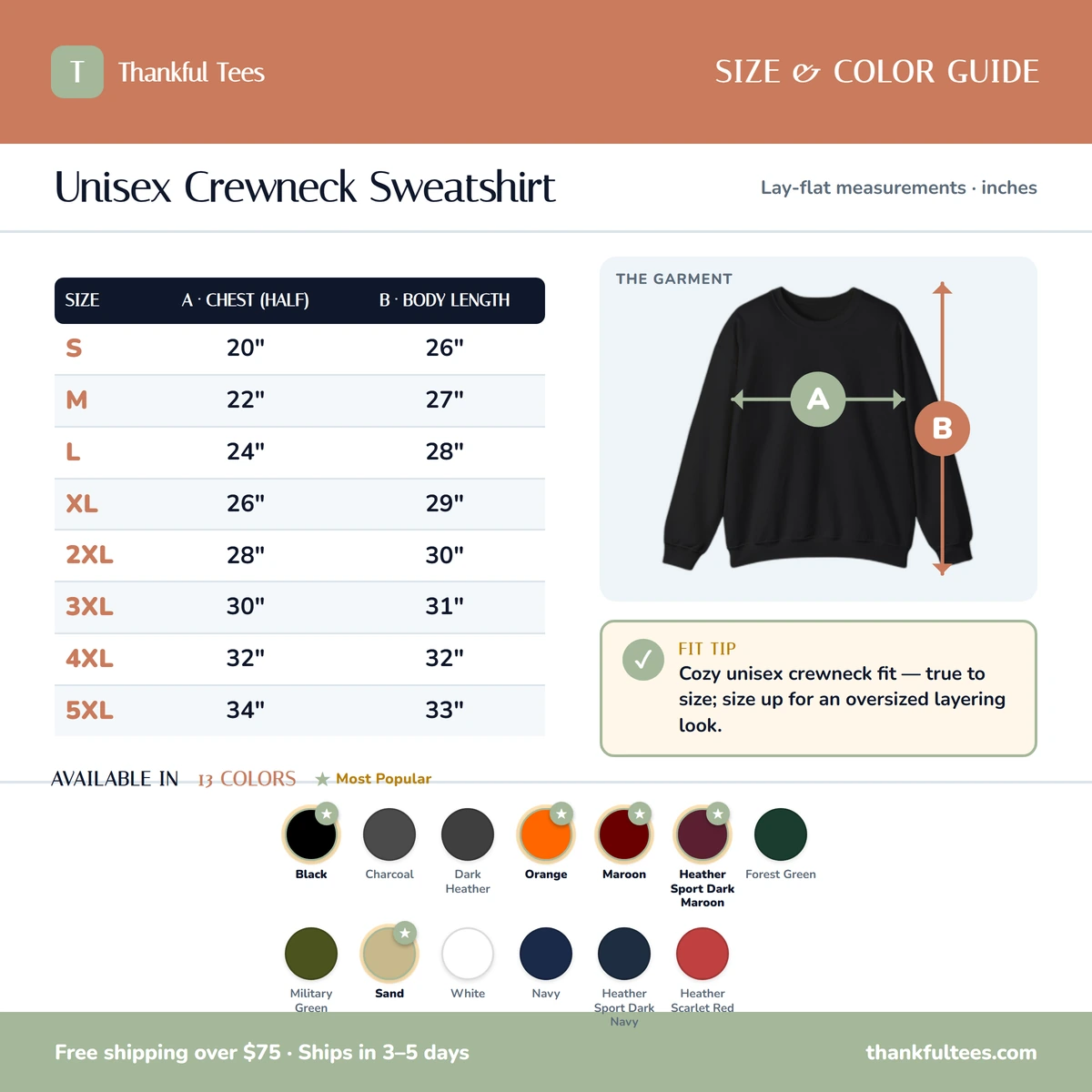 Sweatshirt size & color guide
