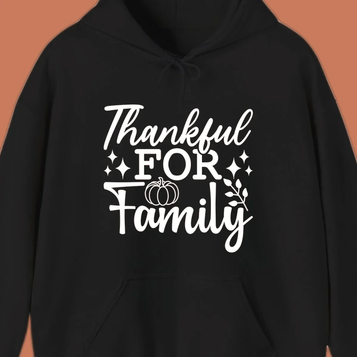 White text 'Thankful FOR Family' with pumpkin and festive accents. Thankful-family-pumpkin design.