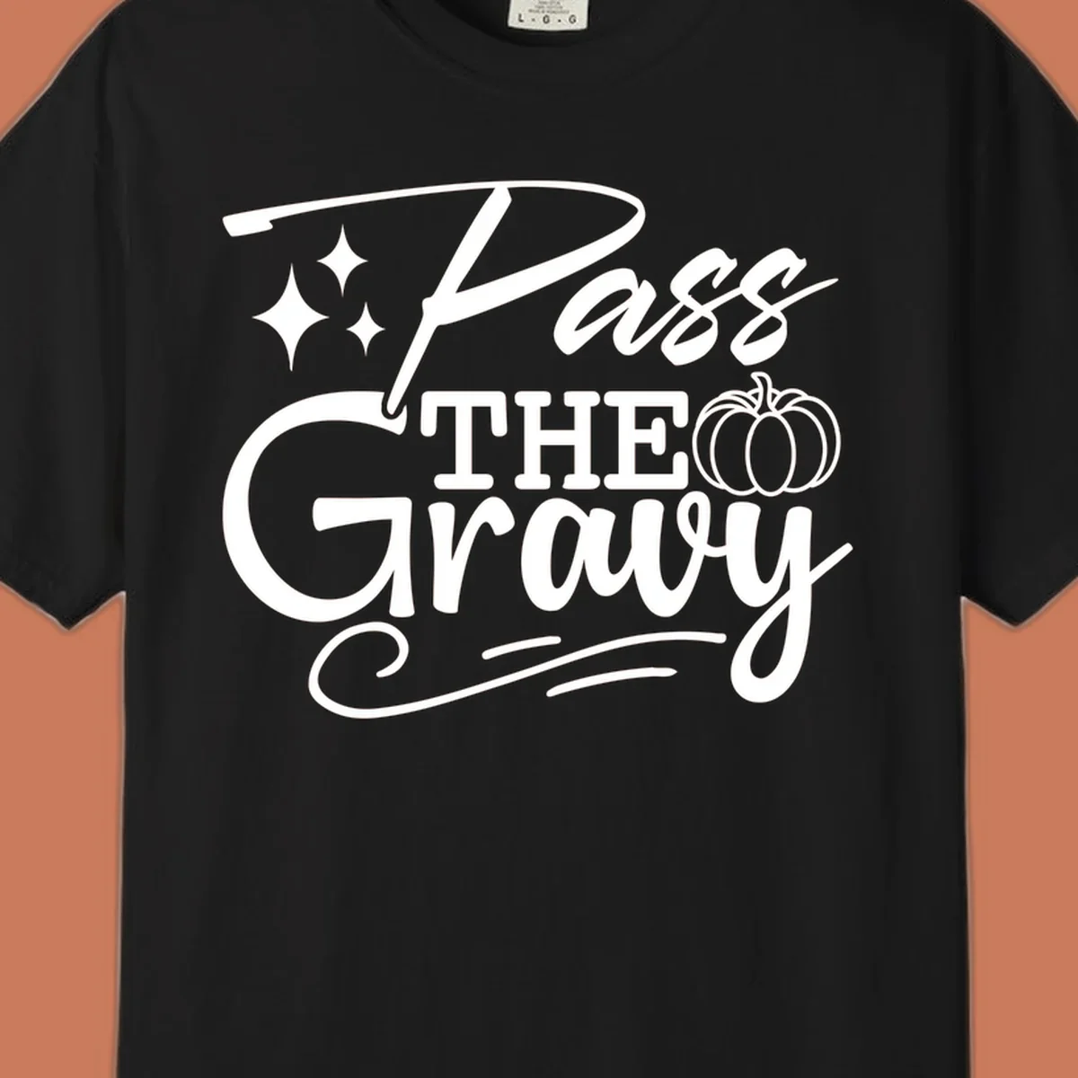 Pass the Gravy phrase with pumpkin and stars, Thanksgiving graphic.