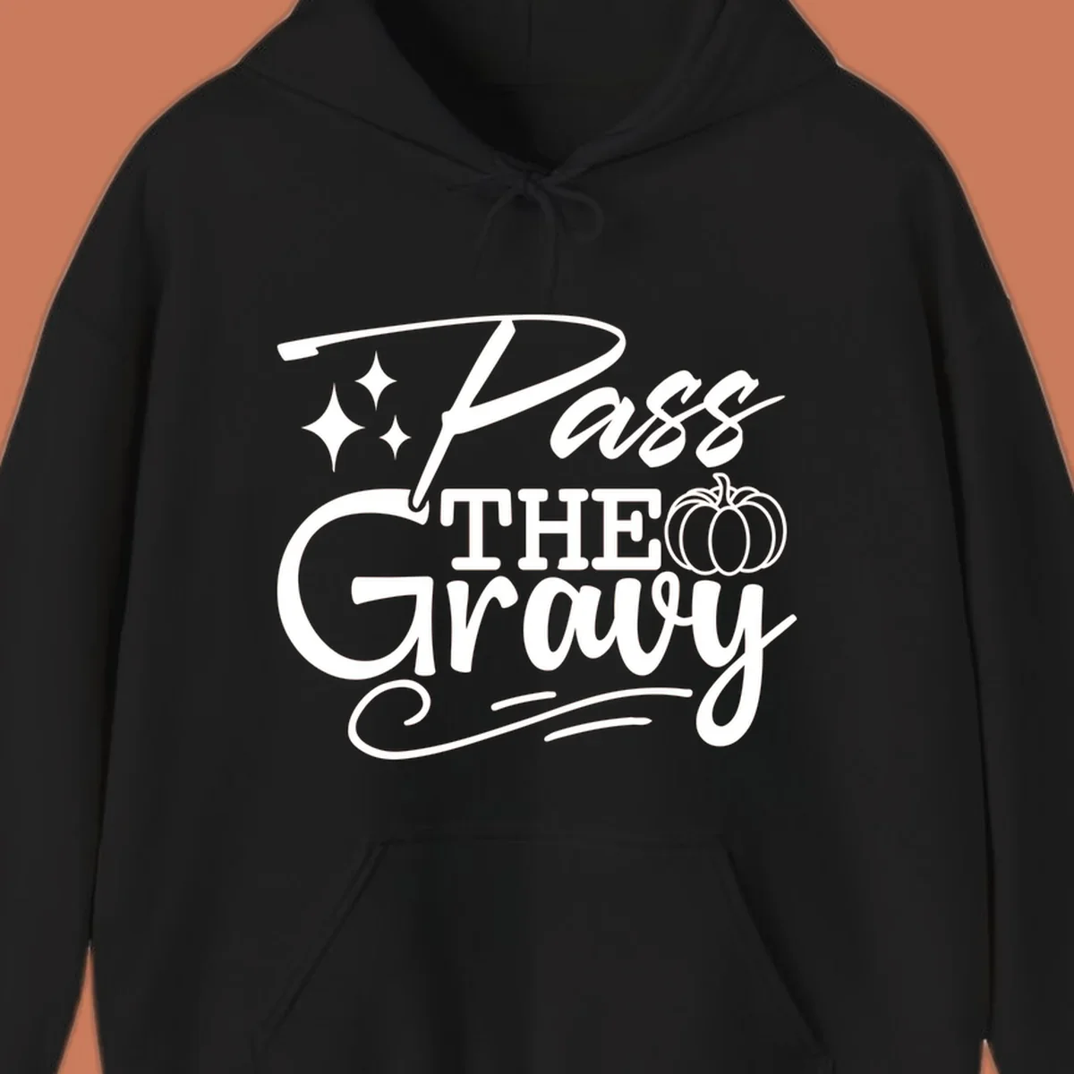 Pass the Gravy phrase with pumpkin and stars, Thanksgiving graphic.