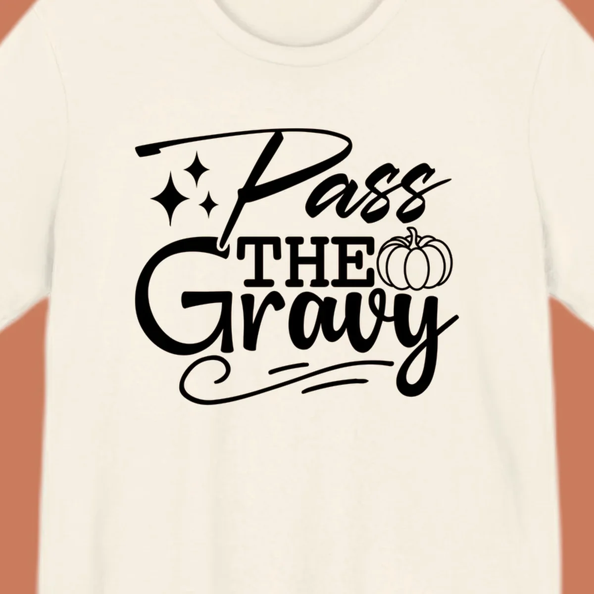 Pass the Gravy phrase with pumpkin and stars, Thanksgiving graphic.
