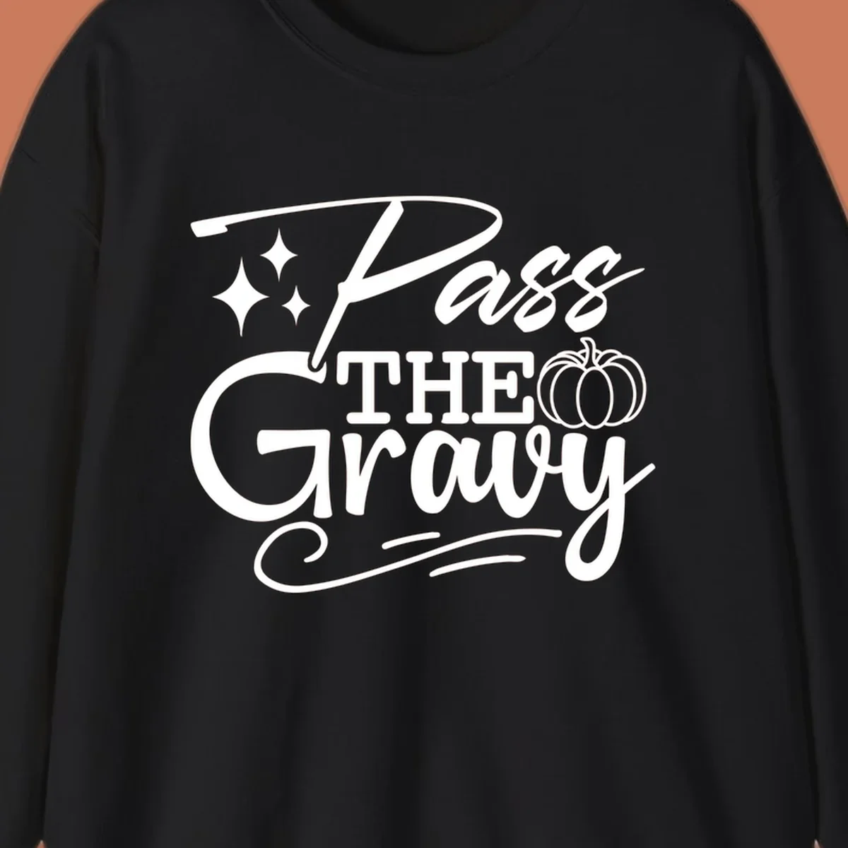 Pass the Gravy phrase with pumpkin and stars, Thanksgiving graphic.