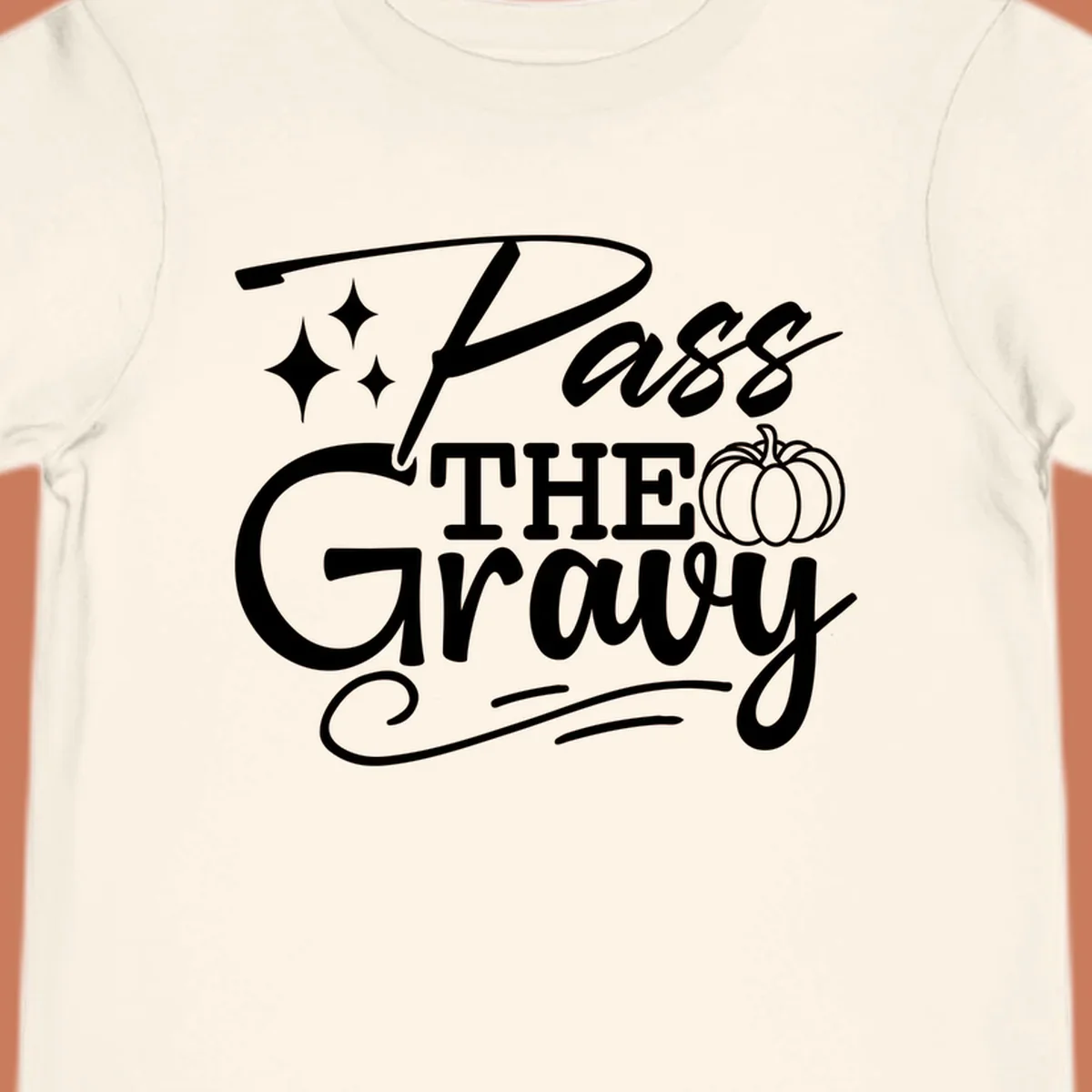 Pass the Gravy phrase with pumpkin and stars, Thanksgiving graphic.