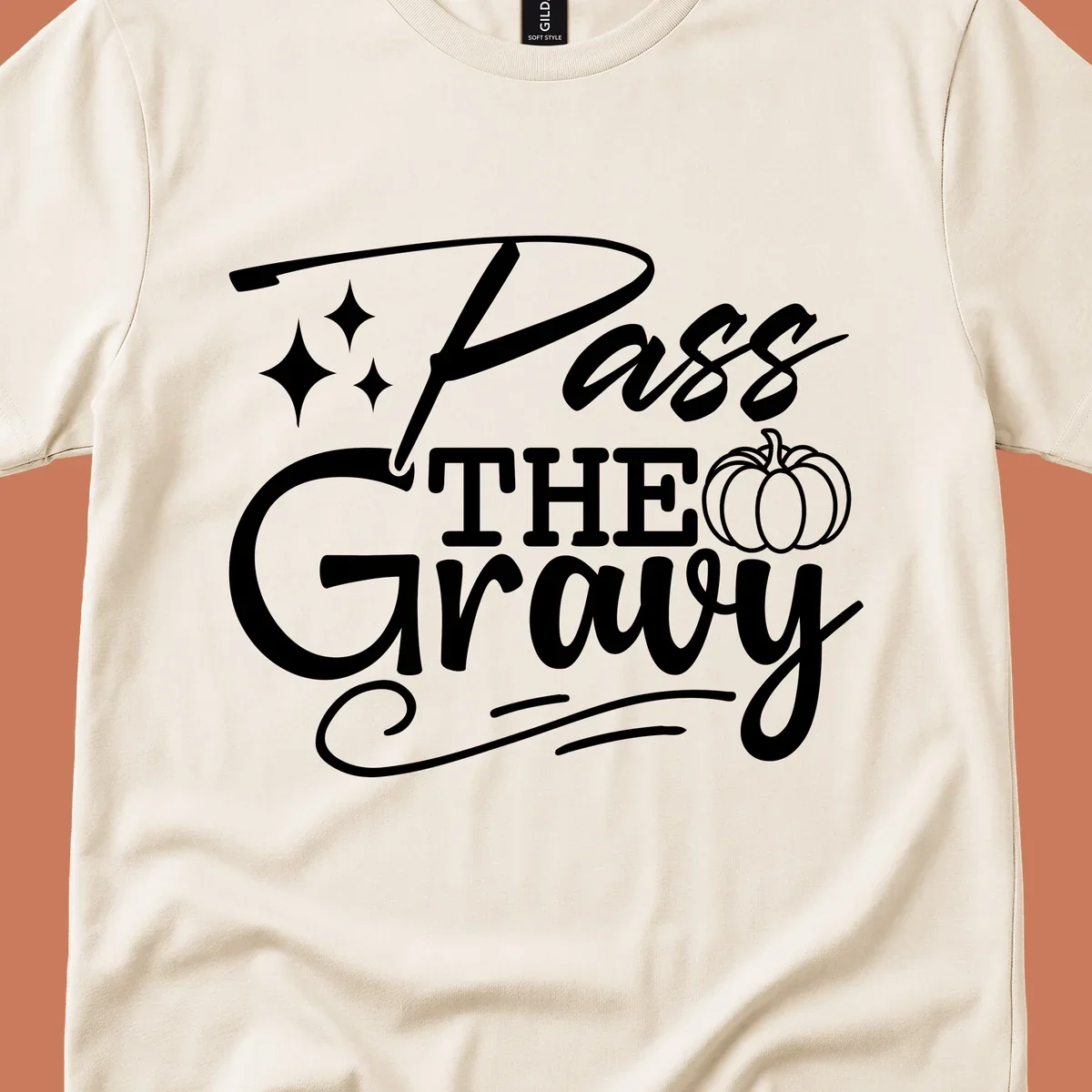Pass the Gravy phrase with pumpkin and stars, Thanksgiving graphic.