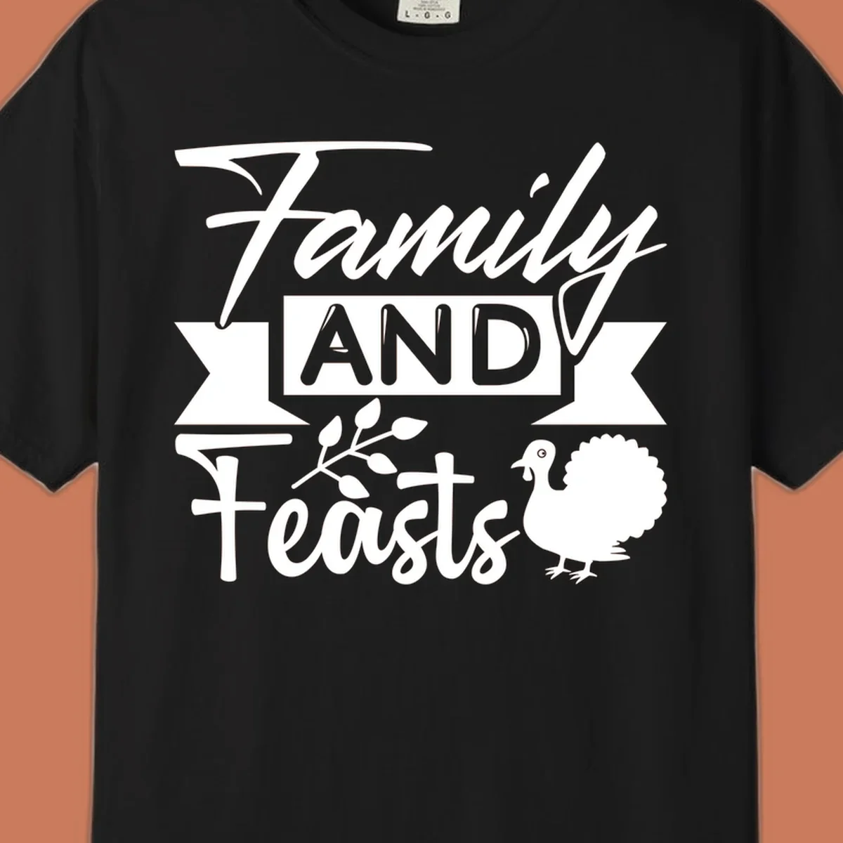 Family and Feasts design with typography, turkey, and leafy branch.